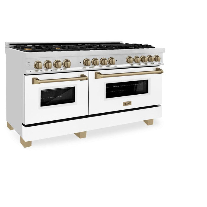 ZLINE Autograph Edition 60 in. 7.4 cu. ft. Legacy Dual Fuel Range with 9 Burner Gas Cooktop and 2 Electric Convection Ovens in Stainless Steel with White Matte Doors and Champagne Bronze Accents (RAZ-WM-60-CB)