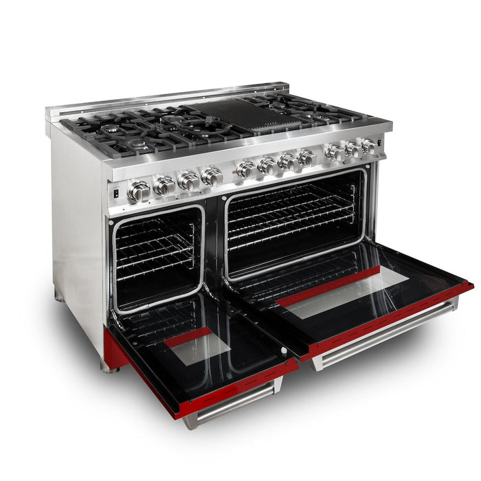 ZLINE 48 in. 6.0 cu. ft. Legacy Dual Fuel Range with 7 Burner Gas Cooktop and 2 Electric Ovens in Stainless Steel and Red Matte Doors (RA-RM-48)