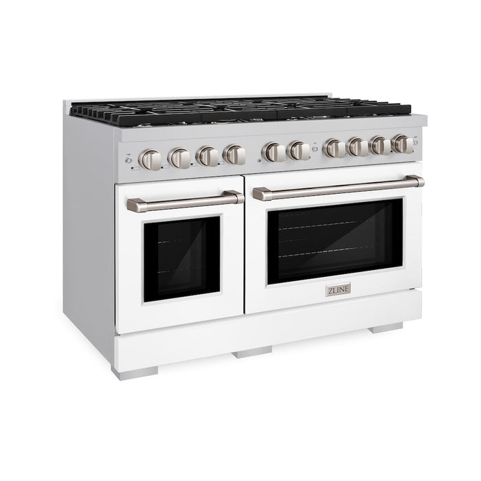 ZLINE 48 in. 6.7 cu. ft. Paramount Double Oven Gas Range with 8 Burner Cooktop in Stainless Steel with White Matte Doors (SGR-WM-48)