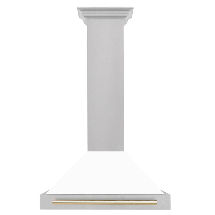 ZLINE Autograph Edition Convertible Fingerprint Resistant DuraSnow® Stainless Steel Range Hood with White Matte Shell and Polished Gold Handle (KB4SNZ-WM-G)