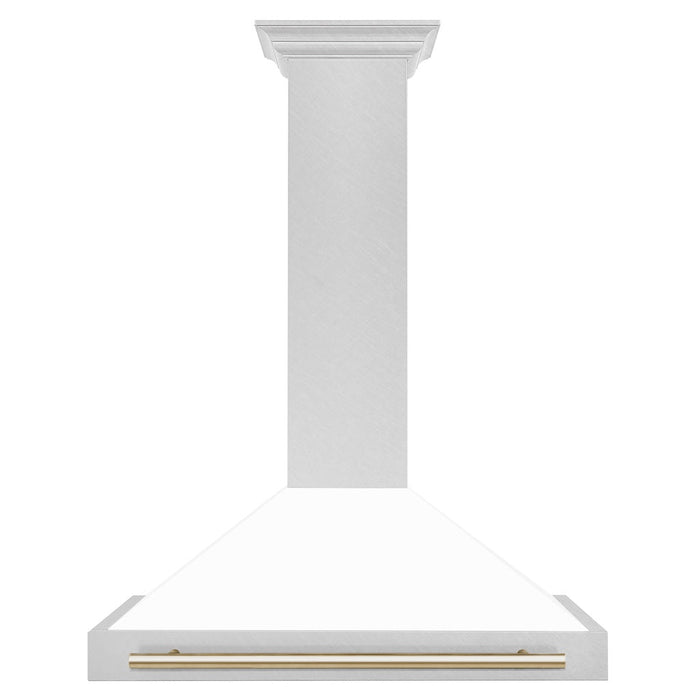 ZLINE Autograph Edition Convertible Fingerprint Resistant DuraSnow® Stainless Steel Range Hood with White Matte Shell and Polished Gold Handle (KB4SNZ-WM-G)