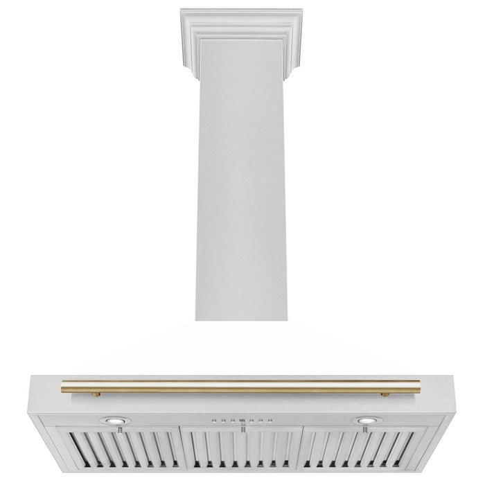 ZLINE Autograph Edition Convertible Fingerprint Resistant DuraSnow® Stainless Steel Range Hood with White Matte Shell and Polished Gold Handle (KB4SNZ-WM-G)