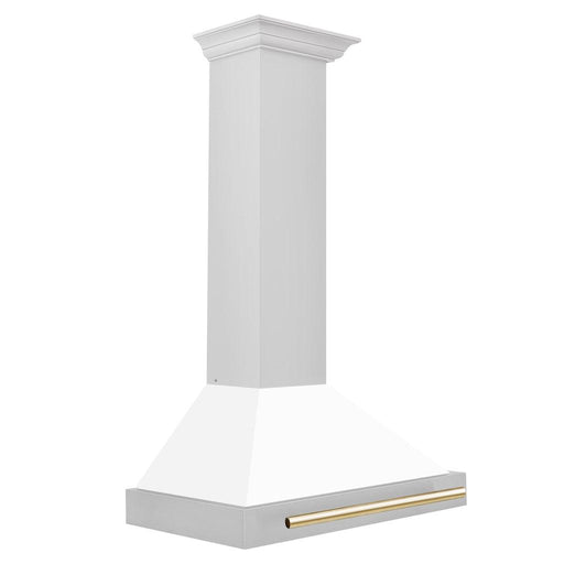 ZLINE Autograph Edition Convertible Stainless Steel Range Hood with White Matte Shell and Polished Gold Accents (KB4STZ-WM-G) Polished Gold, side.