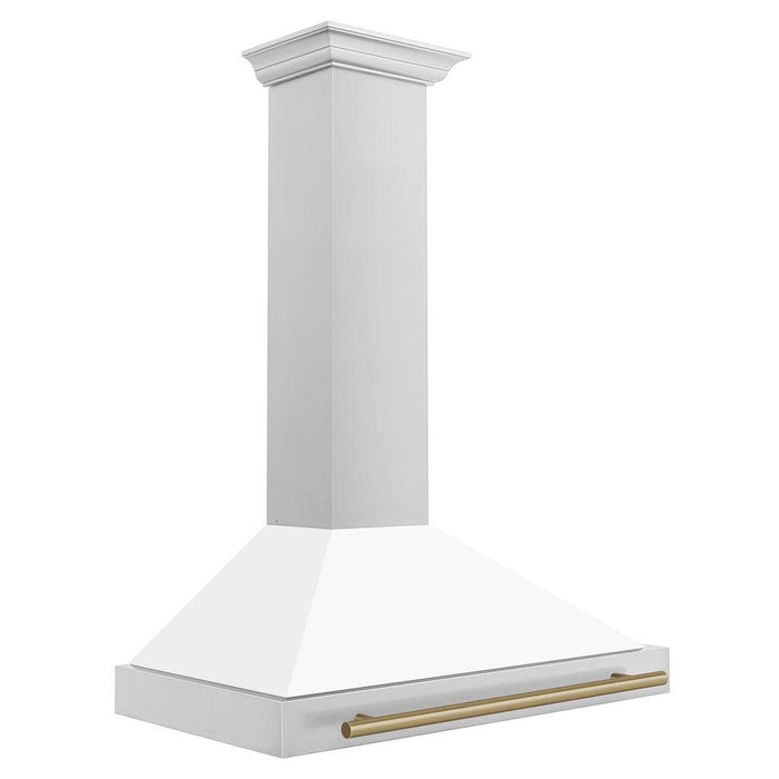 ZLINE Autograph Edition Convertible Stainless Steel Range Hood with White Matte Shell and Champagne Bronze Accents (KB4STZ-WM-CB) Champagne Bronze, side.