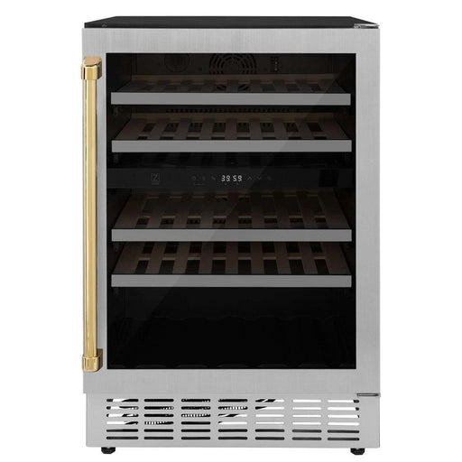 ZLINE Autograph Edition 24 in. Monument Dual Zone 44-Bottle Wine Cooler in Stainless Steel with Polished Gold Accents (RWVZ-UD-24-G) front.