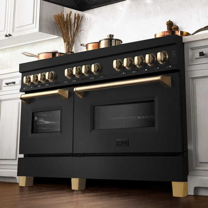 ZLINE Autograph Edition 60 in. 7.4 cu. ft. Legacy Dual Fuel Range with 9 Burner Gas Cooktop and 2 Electric Convection Ovens in Black Stainless Steel and Polished Gold Accents (RABZ-60-G)