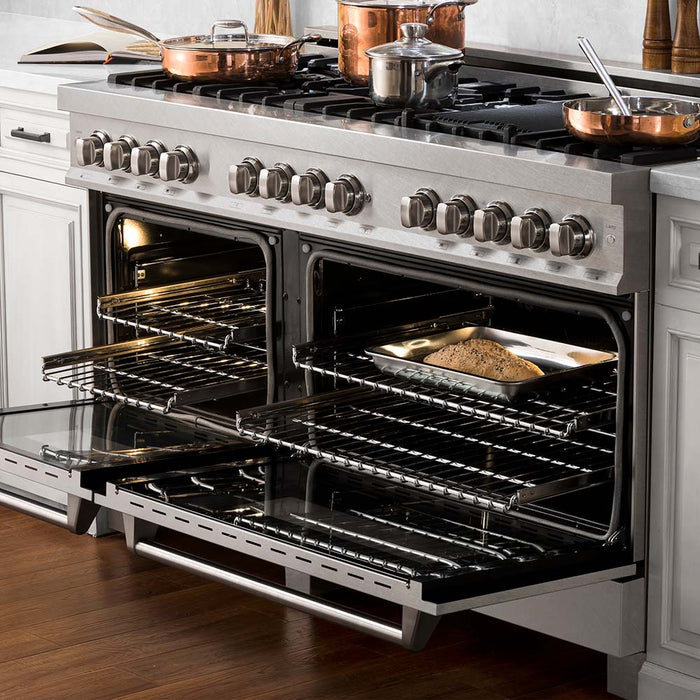 ZLINE 60 in. 7.4 cu. ft. Legacy Dual Fuel Range with Gas Cooktop and 2 Electric Convection Ovens in DuraSnow® Stainless Steel with 8 Brass Burners (RAS-SN-BR-60)