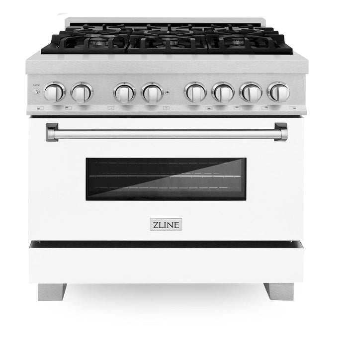 ZLINE 36 in. Kitchen Package with DuraSnow® Stainless Steel Dual Fuel Range with White Matte Door and Convertible Vent Range Hood (2KP-RASWMRH36)