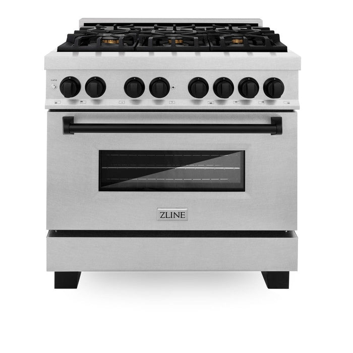 ZLINE Autograph Edition 36 in. 4.6 cu. ft. Legacy Dual Fuel Range with 6 Burner Gas Cooktop and Electric Convection Oven in DuraSnow® Stainless Steel and Matte Black Accents (RASZ-SN-36-MB)