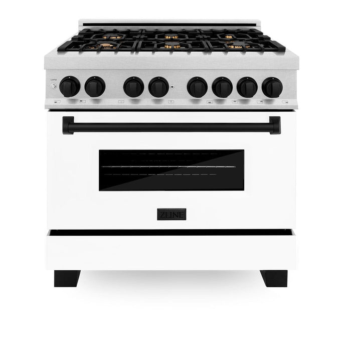 ZLINE Autograph Edition 36 in. 4.6 cu. ft. Legacy Dual Fuel Range with 6 Burner Gas Cooktop and Electric Convection Oven in DuraSnow® Stainless Steel with White Matte Door and Matte Black Accents (RASZ-WM-36-MB)