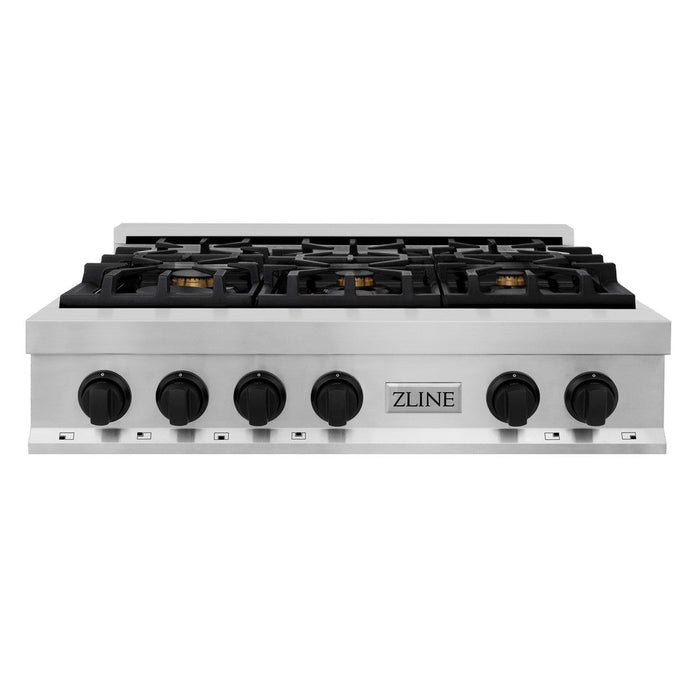 ZLINE Autograph Edition 36 in. Porcelain Rangetop with 6 Gas Burners in Stainless Steel with Matte Black Accents (RTZ-36-MB)