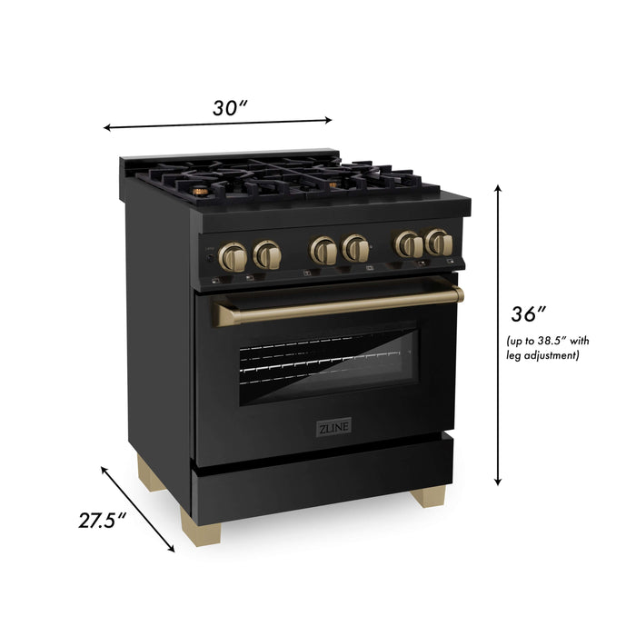 ZLINE Autograph Edition 30 in. Kitchen Package with Black Stainless Steel Dual Fuel Range and Range Hood with Champagne Bronze Accents (2AKP-RABRH30-CB)