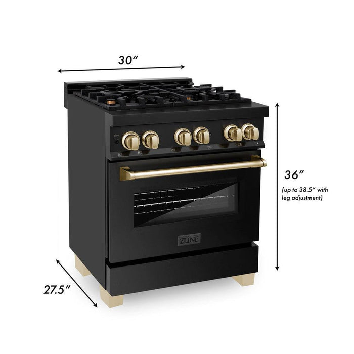 ZLINE Autograph Edition 30 in. 4.0 cu. ft. Legacy Dual Fuel Range with 4 Burner Gas Cooktop and Electric Convection Oven in Black Stainless Steel and Polished Gold Accents (RABZ-30-G)