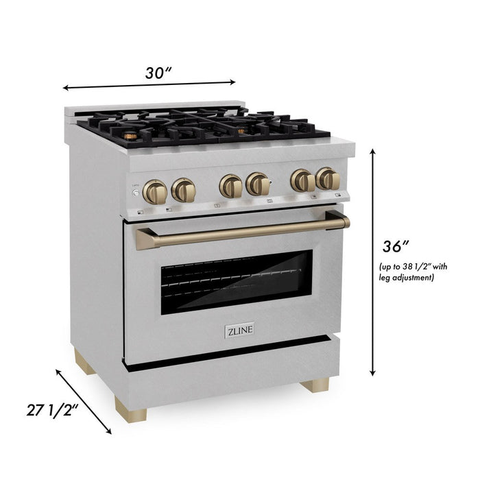 ZLINE Autograph Edition 30 in. 4.0 cu. ft. Legacy Dual Fuel Range with 4 Burner Gas Cooktop and Electric Convection Oven in DuraSnow® Stainless Steel and Champagne Bronze Accents (RASZ-SN-30-CB)