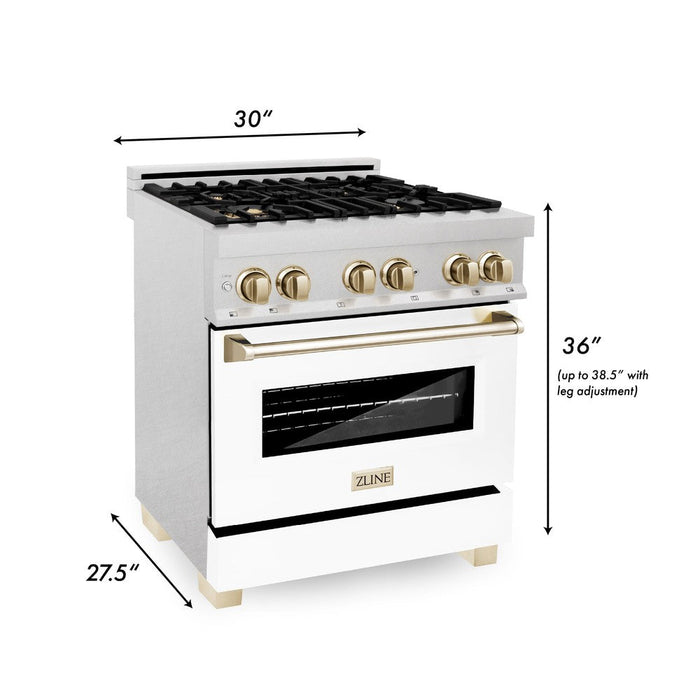 ZLINE Autograph Edition 30 in. 4.0 cu. ft. Legacy Dual Fuel Range with 4 Burner Gas Cooktop and Electric Convection Oven in DuraSnow® Stainless Steel with White Matte Door and Polished Gold Accents (RASZ-WM-30-G)