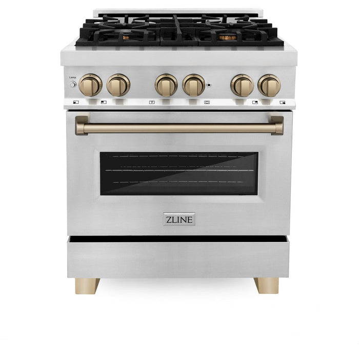 ZLINE Autograph Edition 30 in. 4.0 cu. ft. Legacy Dual Fuel Range with 4 Burner Gas Cooktop and Electric Convection Oven in Stainless Steel and Champagne Bronze Accents (RAZ-30-CB)