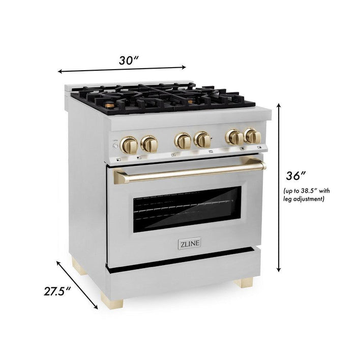 ZLINE Autograph Edition 30 in. 4.0 cu. ft. Legacy Dual Fuel Range with 4 Burner Gas Cooktop and Electric Convection Oven in Stainless Steel and Polished Gold Accents (RAZ-30-G)