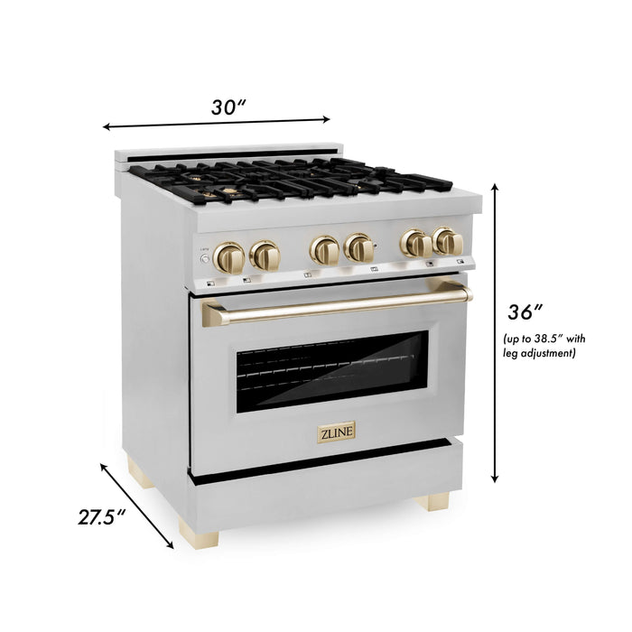 ZLINE Autograph Edition 30 in. Kitchen Package with Stainless Steel Dual Fuel Range, Range Hood, Dishwasher, and Refrigerator with External Water Dispenser with Polished Gold Accents (4AKPR-RARHDWM30-G)