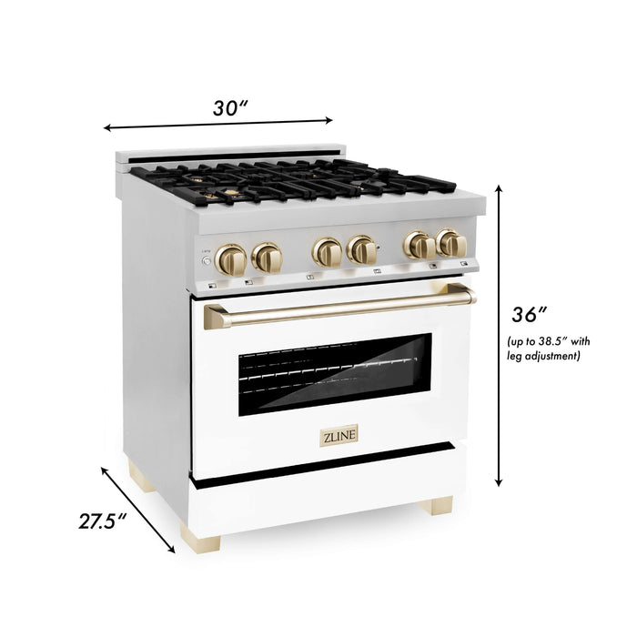 ZLINE Autograph Edition 30 in. Kitchen Package with Stainless Steel Dual Fuel Range with White Matte Door and Range Hood with Polished Gold Accents (2AKP-RAWMRH30-G)