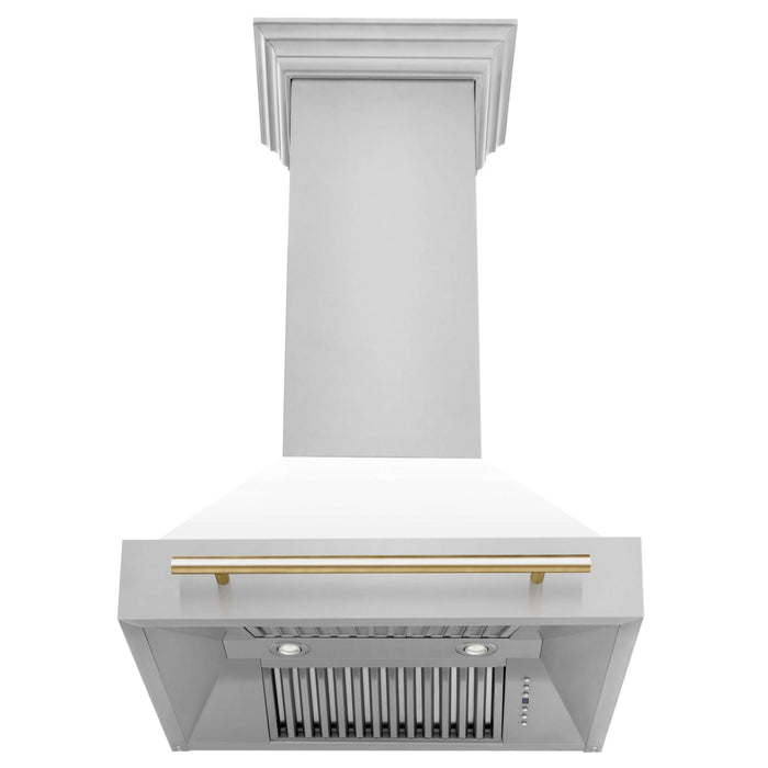 ZLINE Autograph Edition 30 in. Kitchen Package with Stainless Steel Dual Fuel Range with White Matte Door and Range Hood with Polished Gold Accents (2AKP-RAWMRH30-G)