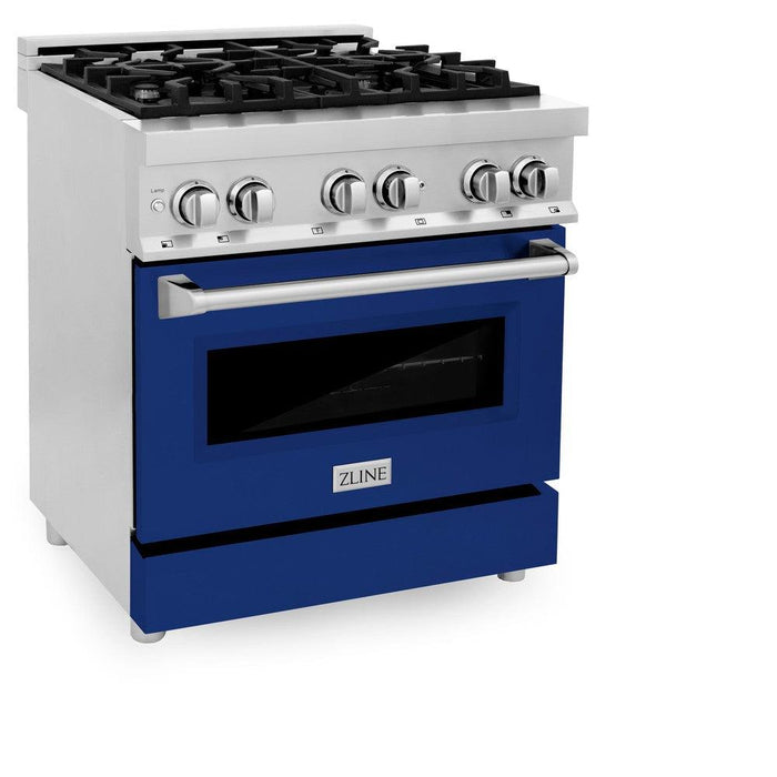 ZLINE 30 in. 4.0 cu. ft. Legacy Dual Fuel Range with 4 Burner Gas Cooktop and Electric Convection Oven in Stainless Steel and Blue Gloss Door (RA-BG-30)