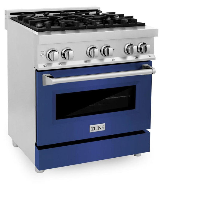 ZLINE 30 in. 4.0 cu. ft. Legacy Dual Fuel Range with 4 Burner Gas Cooktop and Electric Convection Oven in Stainless Steel and Blue Matte Door (RA-BM-30)