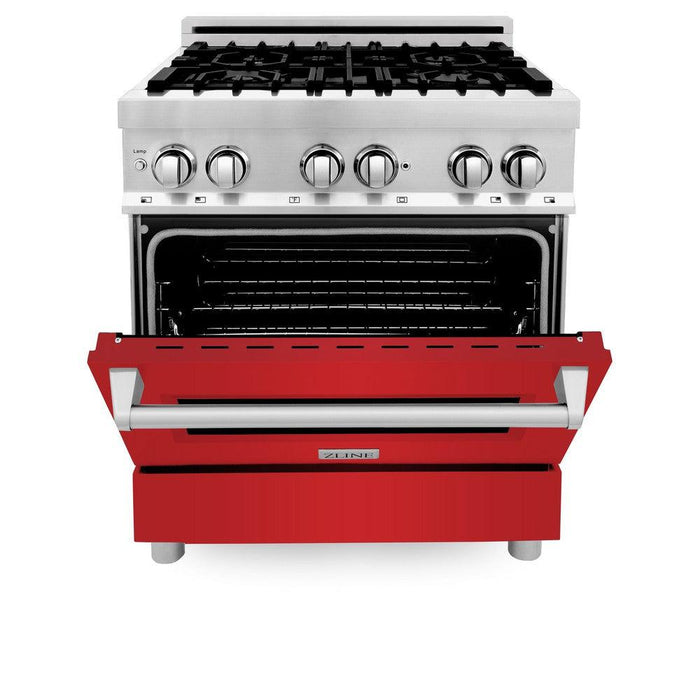 ZLINE 30 in. Kitchen Package with DuraSnow® Stainless Steel Dual Fuel Range with Red Matte Door and Convertible Vent Range Hood (2KP-RARMRH30)