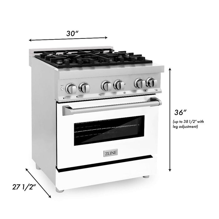 ZLINE 30 in. 4.0 cu. ft. Legacy Dual Fuel Range with 4 Burner Gas Cooktop and Electric Convection Oven in Stainless Steel and White Matte Door (RA-WM-30)