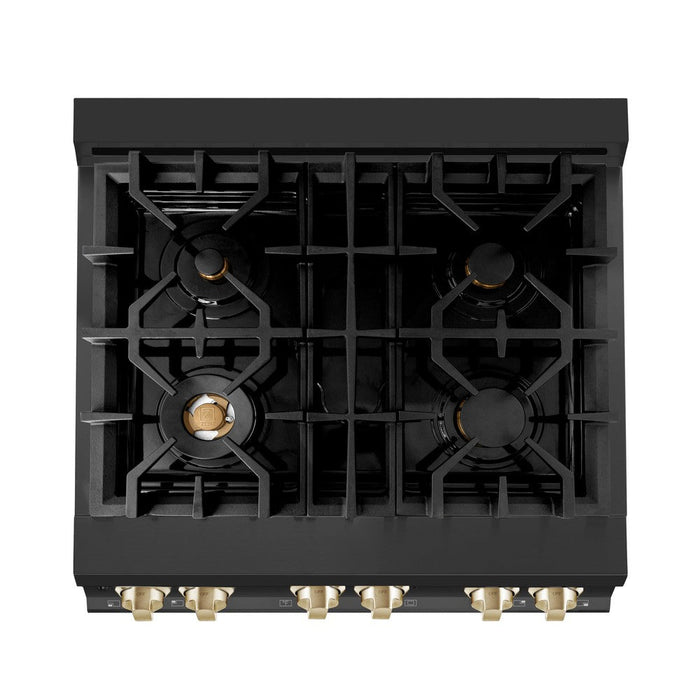 ZLINE Autograph Edition 30 in. Kitchen Package with Black Stainless Steel Dual Fuel Range and Range Hood with Polished Gold Accents (2AKP-RABRH30-G)