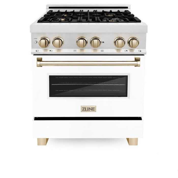 ZLINE Autograph Edition 30 in. 4.0 cu. ft. Legacy Dual Fuel Range with 4 Burner Gas Cooktop and Electric Convection Oven in DuraSnow® Stainless Steel with White Matte Door and Polished Gold Accents (RASZ-WM-30-G)