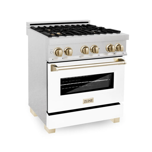 ZLINE Autograph Edition 30 in. 4.0 cu. ft. Legacy Dual Fuel Range with 4 Burner Gas Cooktop and Electric Convection Oven in DuraSnow® Stainless Steel with White Matte Door and Polished Gold Accents (RASZ-WM-30-G)