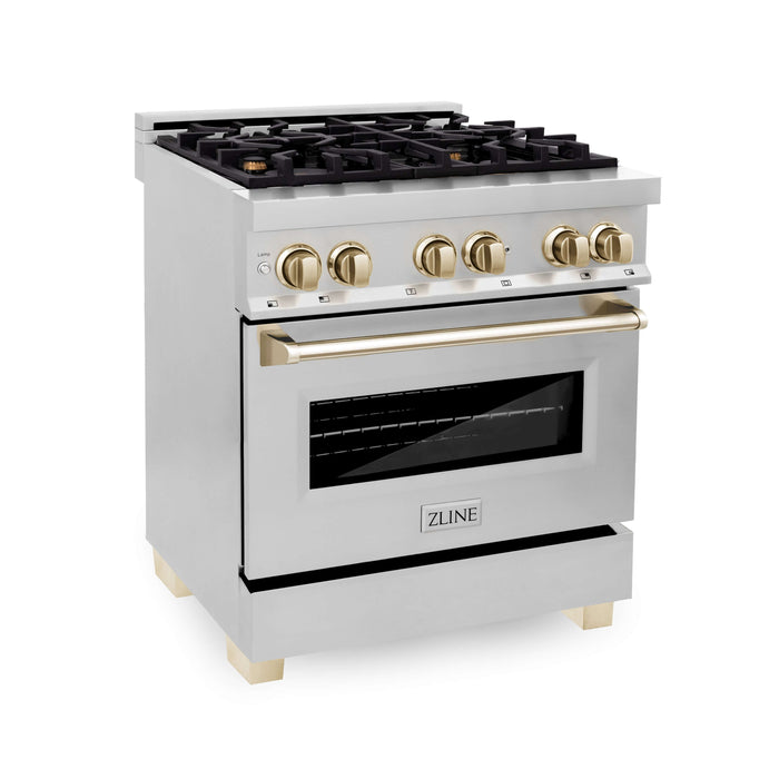 ZLINE Autograph Edition 30 in. Kitchen Package with Stainless Steel Dual Fuel Range and Range Hood with Polished Gold Accents (2AKP-RARH30-G)