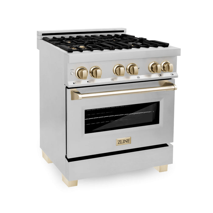 ZLINE Autograph Edition 30 in. Kitchen Package with Stainless Steel Dual Fuel Range, Range Hood, Dishwasher, and Refrigerator with External Water Dispenser with Polished Gold Accents (4AKPR-RARHDWM30-G)