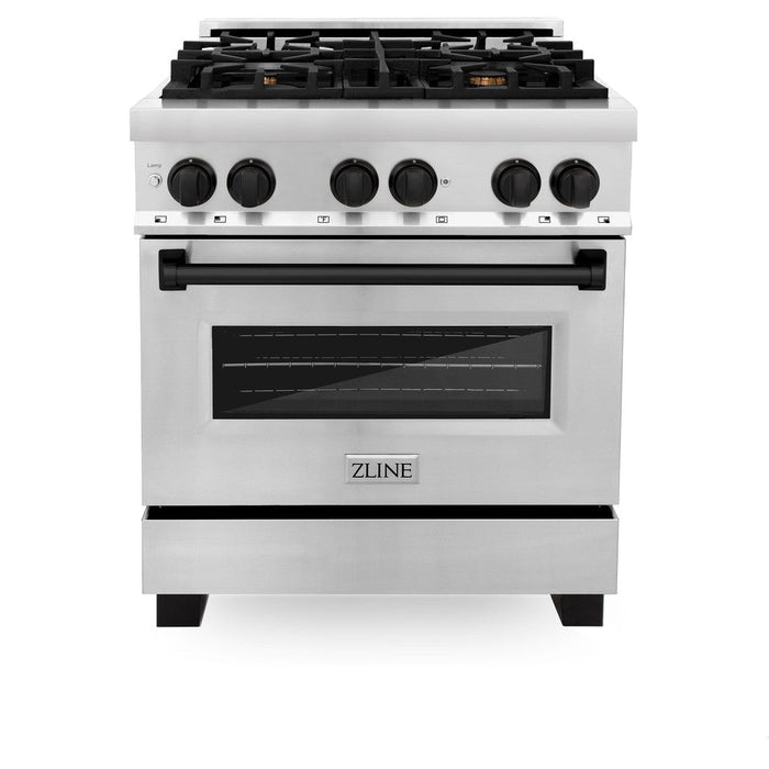 ZLINE Autograph Edition 30 in. 4.0 cu. ft. Legacy Dual Fuel Range with 4 Burner Gas Cooktop and Electric Convection Oven in Stainless Steel and Matte Black Accents (RAZ-30-MB)