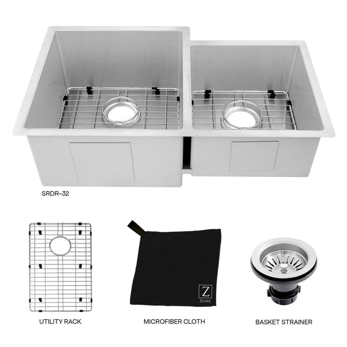 ZLINE Jackson 32 in. Undermount Double Bowl Scratch Resistant Stainless Steel Kitchen Sink with Bottom Grid (SRDR-32S)