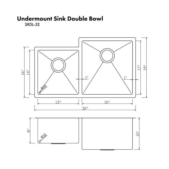 ZLINE Jackson 32 in. Undermount Double Bowl Scratch Resistant Stainless Steel Kitchen Sink with Bottom Grid (SRDL-32S)