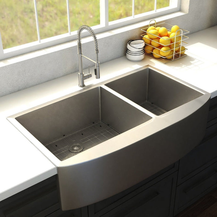 ZLINE Niseko 36 in. Farmhouse Apron Mount Double Bowl Scratch Resistant Stainless Steel Kitchen Sink with Bottom Grid (SA50D-36S)