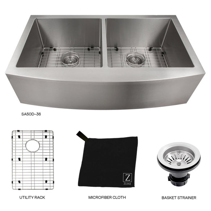 ZLINE Niseko 36 in. Farmhouse Apron Mount Double Bowl Scratch Resistant Stainless Steel Kitchen Sink with Bottom Grid (SA50D-36S)