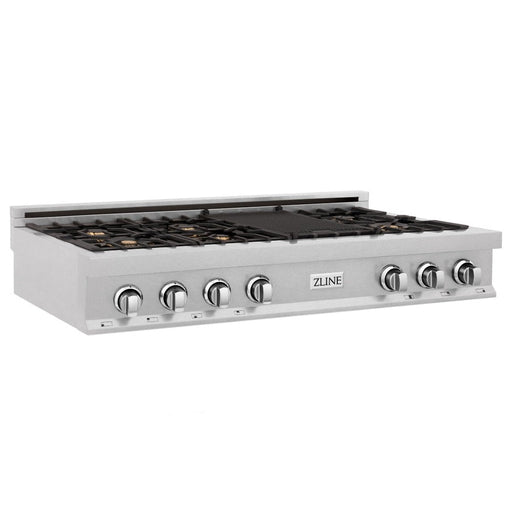 ZLINE 48 in. Porcelain Gas Rangetop in DuraSnow® Stainless Steel with 7 Gas Burners with Brass Burners and Griddle (RTS-BR-48)