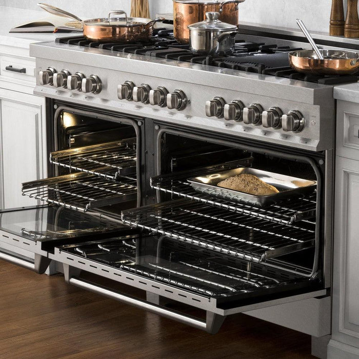 ZLINE 60 in. 7.4 cu. ft. Legacy Dual Fuel Range with 9 Burner Gas Cooktop and 2 Electric Convection Ovens in DuraSnow® Stainless Steel (RAS-SN-60)