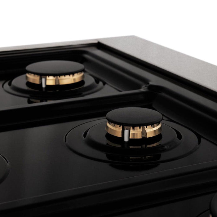 ZLINE Autograph Edition 30 in. 4.0 cu. ft. Legacy Dual Fuel Range with 4 Burner Gas Cooktop and Electric Convection Oven in DuraSnow® Stainless Steel and Polished Gold Accents (RASZ-SN-30-G)