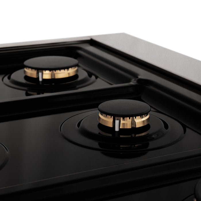 ZLINE Autograph Edition 36 in. 4.6 cu. ft. Legacy Dual Fuel Range with 6 Burner Gas Cooktop and Electric Convection Oven in DuraSnow® Stainless Steel and Polished Gold Accents (RASZ-SN-36-G)