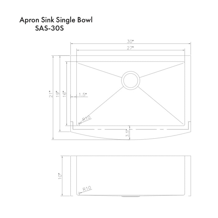 ZLINE Zermatt 30 in. Farmhouse Apron Mount Single Bowl Scratch Resistant Stainless Steel Kitchen Sink with Bottom Grid (SAS-30S)