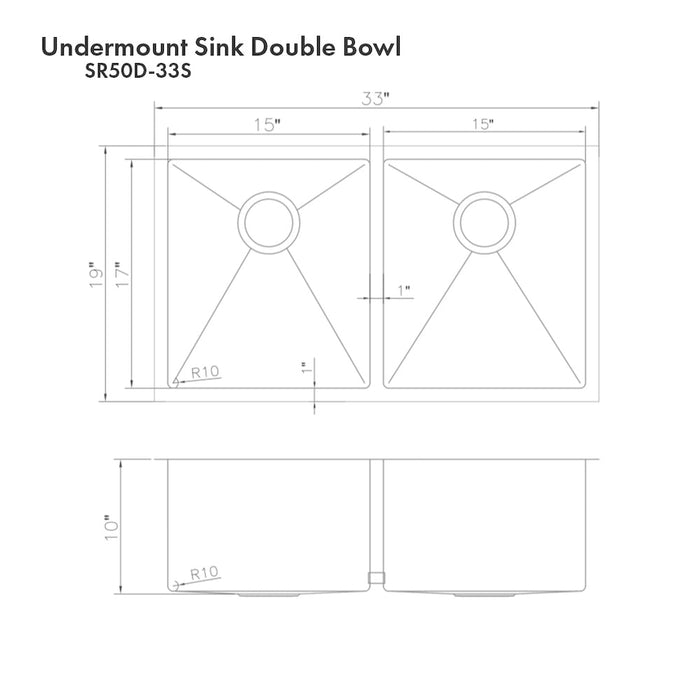 ZLINE Anton 33 in. Undermount Double Bowl Scratch Resistant Stainless Steel Kitchen Sink with Bottom Grid (SR50D-33S)