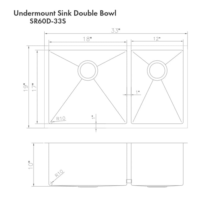 ZLINE Chamonix 33 in. Undermount Double Bowl Scratch Resistant Stainless Steel Kitchen Sink with Bottom Grid (SR60D-33S)