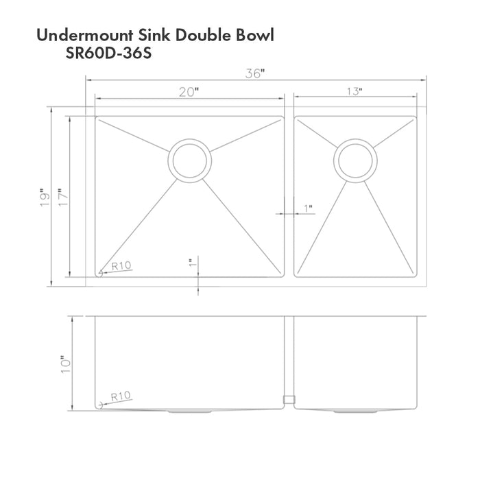 ZLINE Chamonix 36 in. Undermount Double Bowl Scratch Resistant Stainless Steel Kitchen Sink with Bottom Grid (SR60D-36S)