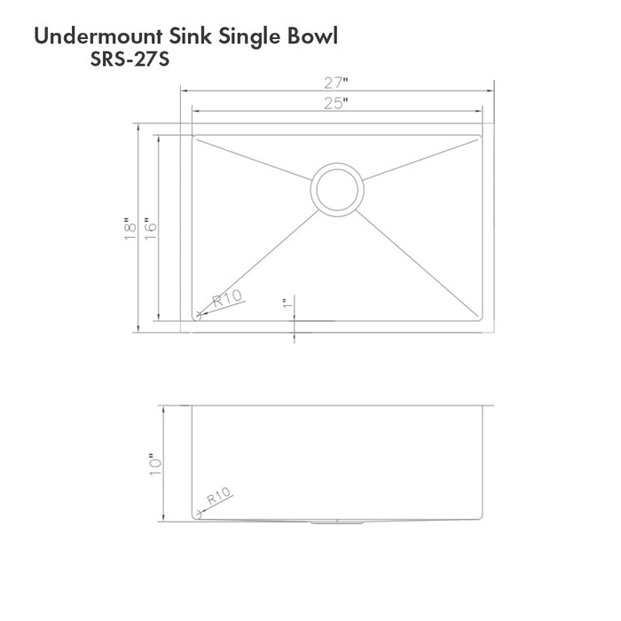 ZLINE Meribel 27 in. Undermount Single Bowl Stainless Steel Kitchen Sink with Bottom Grid (SRS-27)