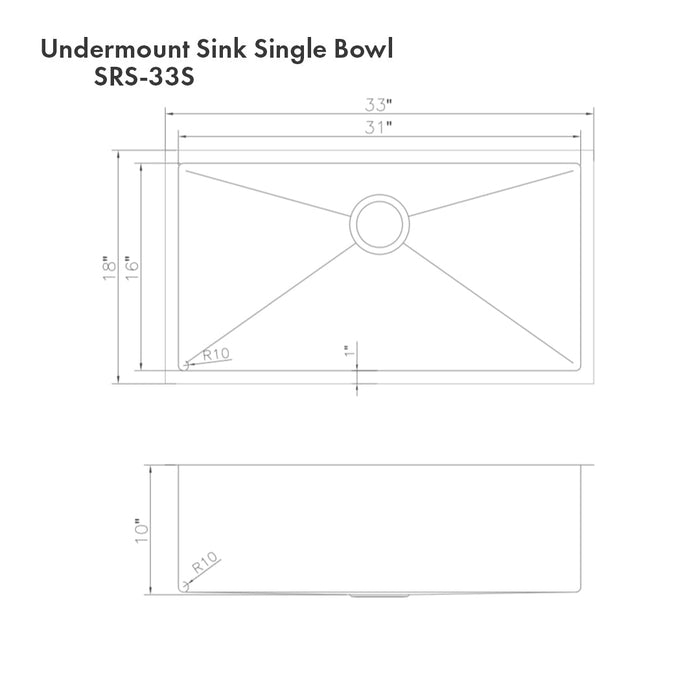 ZLINE Meribel 33 in. Undermount Single Bowl Scratch Resistant Stainless Steel Kitchen Sink with Bottom Grid (SRS-33S)