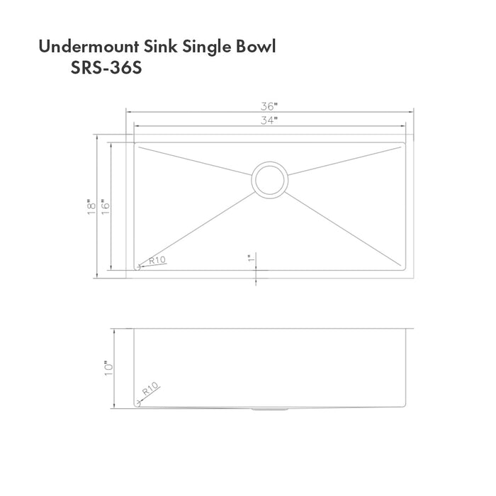 ZLINE Meribel 36 in. Undermount Single Bowl Scratch Resistant Stainless Steel Kitchen Sink with Bottom Grid (SRS-36S)