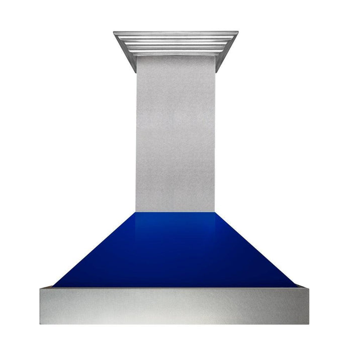 ZLINE Ducted Fingerprint Resistant Stainless Steel Range Hood with Blue Gloss Shell (8654BG) front.